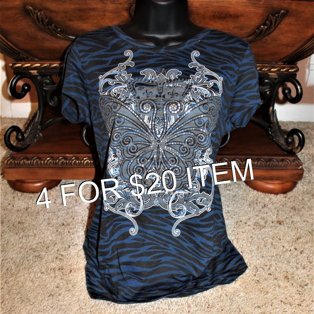 SHEER TEAL/BLACK  TOP W/ BUTTERFLY